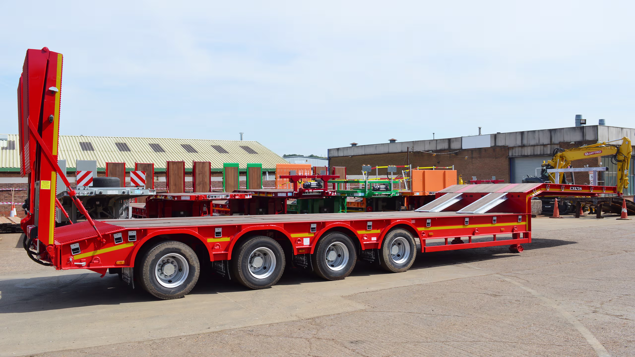 King Trailers GTS67/4-17.5 stepframe low loader trailer with hydraulic flip toe ramps and side rave furniture.