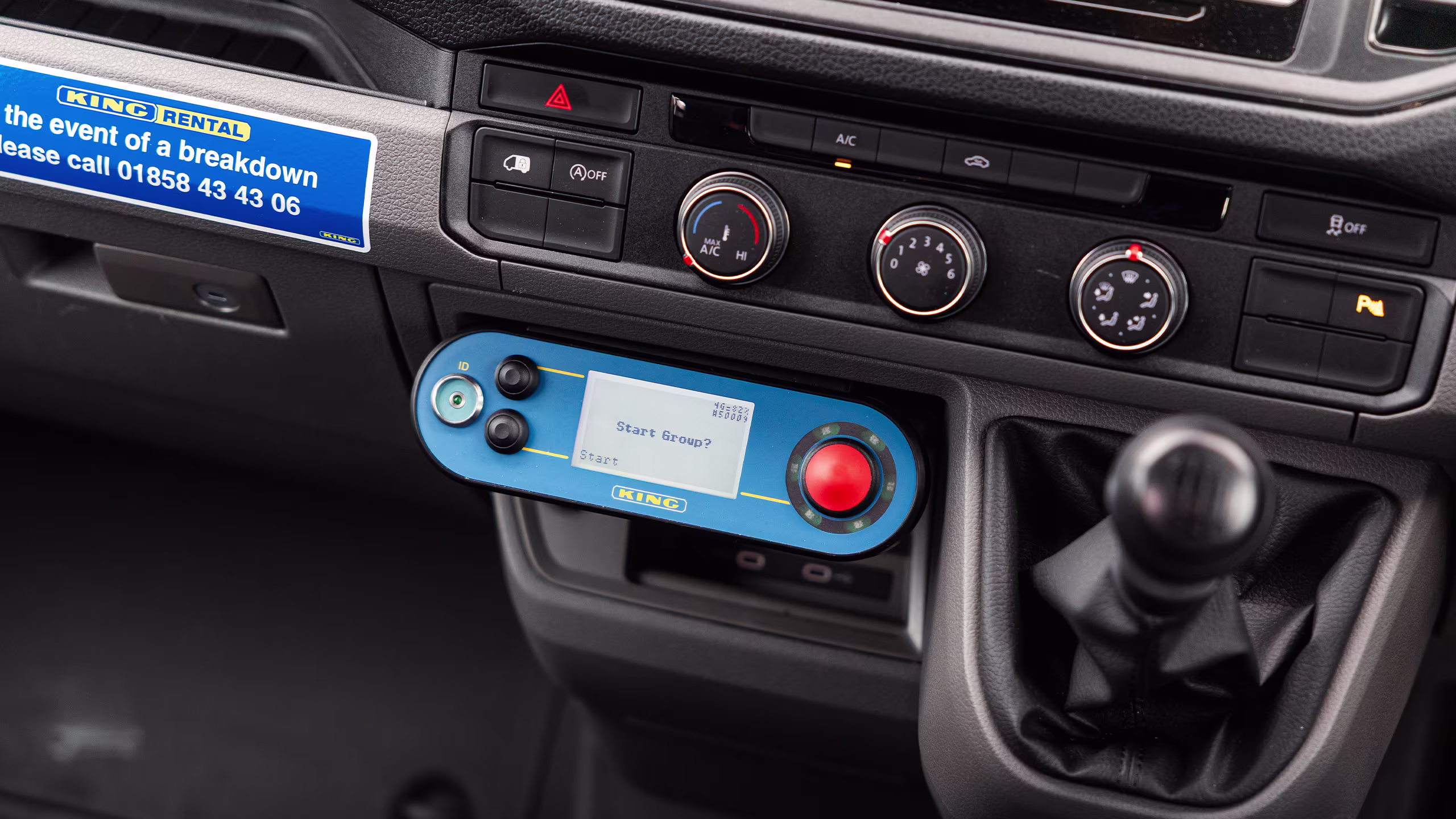 King EMCC vehicle dashboard with controls and remote ramp system.