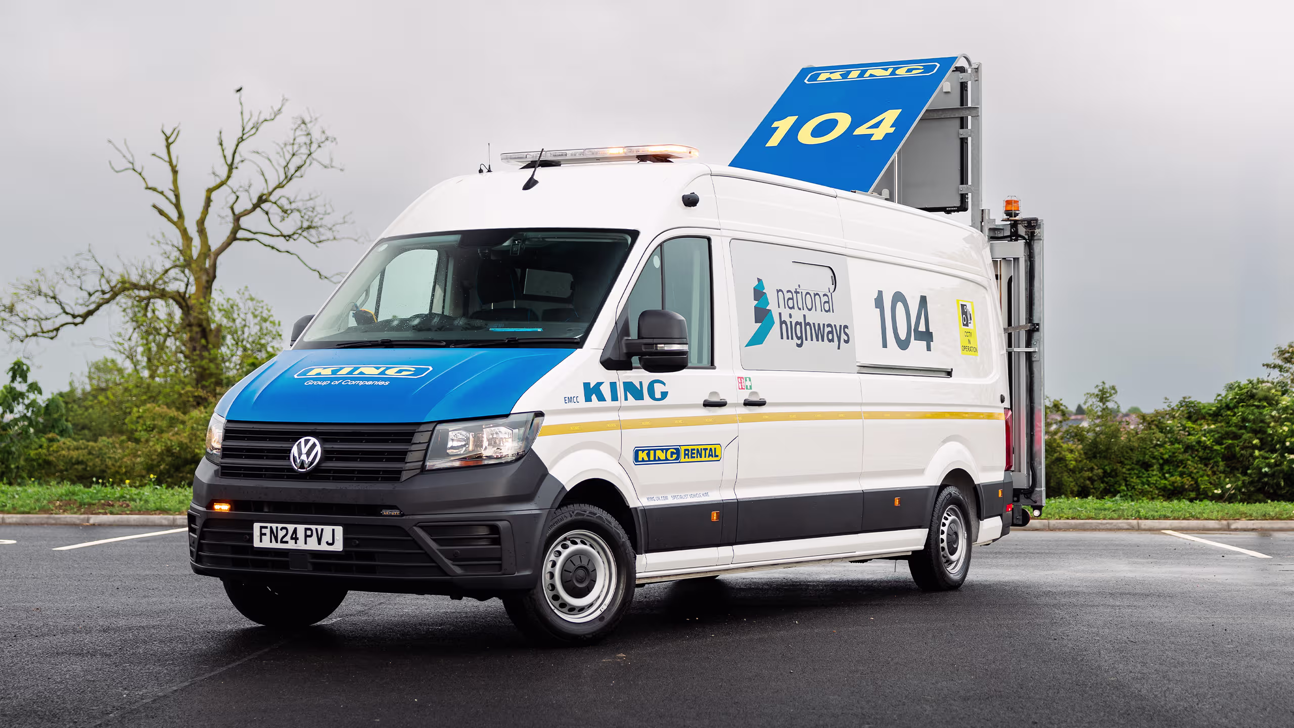 King Highway EMCC vehicle for hire, featuring National Highways branding and variable message signage.